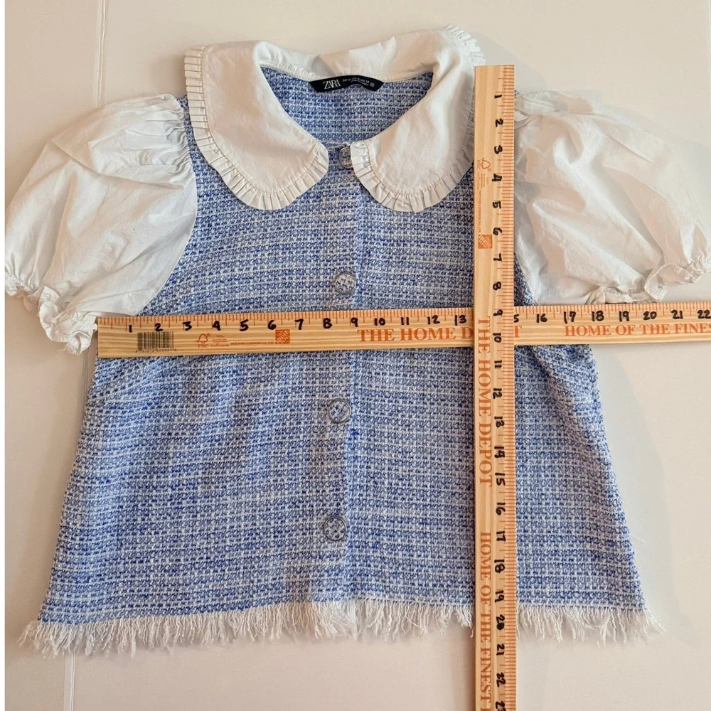 Zara Tweed Top Womens M Blue White Peter Pan Collar Puff Sleeve Fringe Preppy